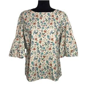 Time and Tru White Floral Bell Sleeve Woven Top - Size Small